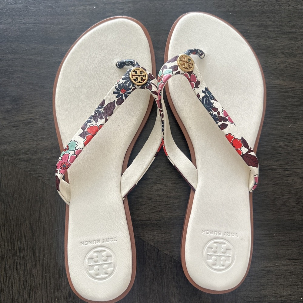Tory Burch Benton Thong Printed Calf Leather Floralwomens Size 7